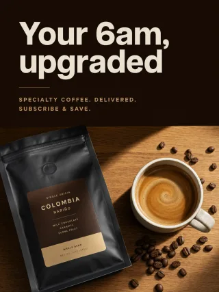 Example ad for a sample coffee brand with the headline Your 6am, upgraded