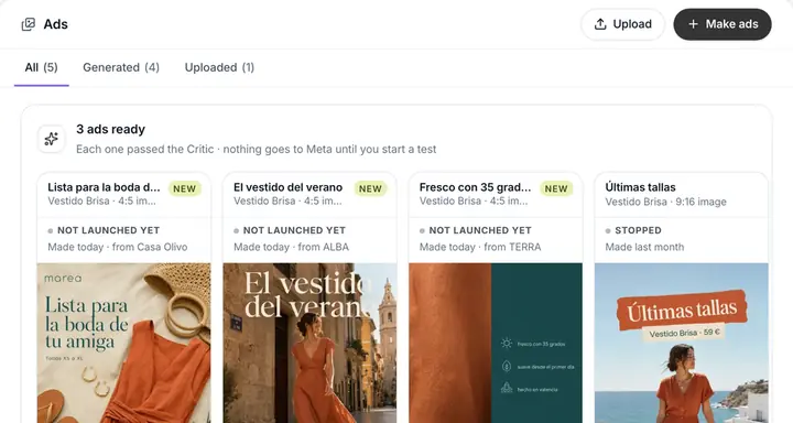 Crush product demo: the Ads page of a sample clothing shop with three new ads that passed the Critic